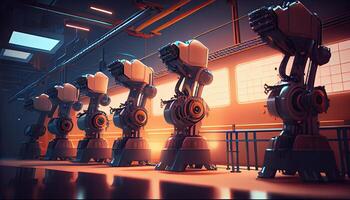 Automated robotics futuristic electric robot factory production line. photo