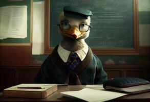 Portrait of an anthropomorphic duck dressed as a schoolboy in a classroom. photo