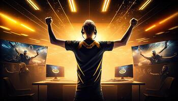 Professional eSports gamer rejoices in the victory and gold game room background. photo