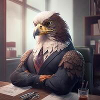 retrato de un antropomórfico águila como un desarrollador en el oficina. ai generado foto
