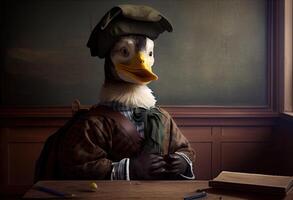 Portrait of an anthropomorphic duck dressed as a schoolboy in a classroom. photo