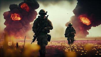 Military special forces soldiers crosses destroyed warzone through fire and smoke in a spring flower field. photo