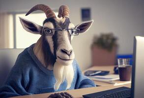 Portrait of an anthropomorphic goat as a developer in the office. photo