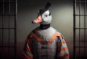 Portrait of an anthropomorphic goose dressed as a prisoner. photo