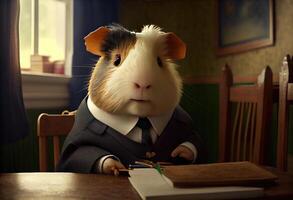 Portrait of an anthropomorphic guinea pig dressed as a schoolboy in a classroom. photo