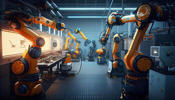 automatizado robótica futurista eléctrico robot fábrica producción línea. ai generado foto