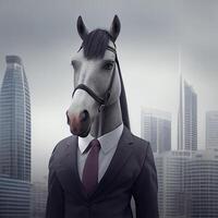 retrato de un antropomórfico caballo empresario itinerancia el ciudad calles ai generado foto