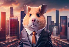 Portrait of an anthropomorphic hamster businessman roaming the city streets. photo