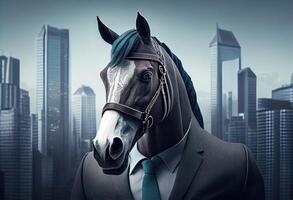 Portrait of an anthropomorphic horse businessman roaming the city streets. photo