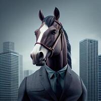 Portrait of an anthropomorphic horse businessman roaming the city streets. photo