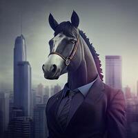 Portrait of an anthropomorphic horse businessman roaming the city streets. photo