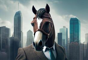 Portrait of an anthropomorphic horse businessman roaming the city streets. photo