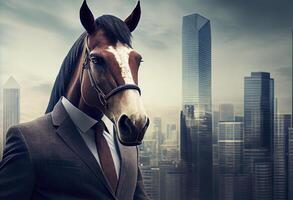 Portrait of an anthropomorphic horse businessman roaming the city streets. photo