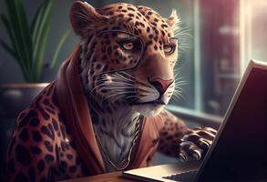 retrato de un antropomórfico jaguar como un desarrollador en el oficina. ai generado foto