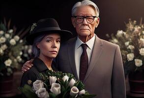 Senior man standing with attractive woman holding flowers on funeral. photo