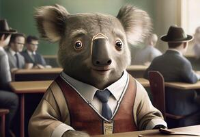 retrato de un antropomórfico coala vestido como un colegial en un aula. ai generado foto