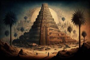 Ancient city of Babylon with the tower of Babel, bible and religion, new testament, speech in different languages. photo
