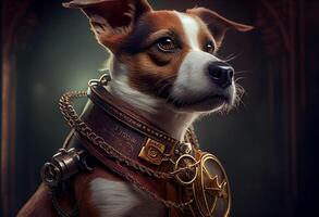 dog with a steampunk watch lanyard around his neck protecting a safe. photo