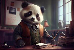 Portrait of an anthropomorphic panda dressed as a schoolboy in a classroom. . photo