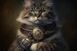 cat with a steampunk watch lanyard around his neck protecting a safe. photo