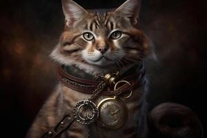 cat with a steampunk watch lanyard around his neck protecting a safe. photo