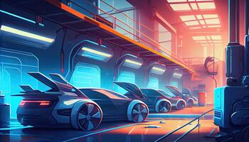 Automated robotics futuristic electric cars factory production line. . photo