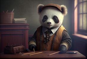 Portrait of an anthropomorphic panda dressed as a schoolboy in a classroom. . photo