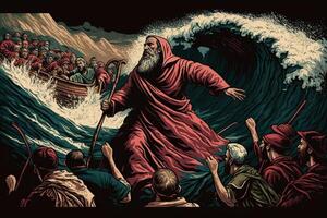 ilustración de el éxodo de el Biblia, Moisés cruce el rojo mar con el israelitas, escapar desde el egipcios ai generado foto