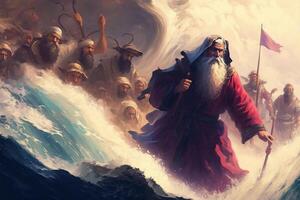 ilustración de el éxodo de el Biblia, Moisés cruce el rojo mar con el israelitas, escapar desde el egipcios ai generado foto