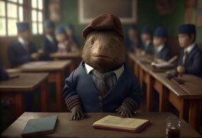 Portrait of an anthropomorphic capybara dressed as a schoolboy in a classroom. . photo