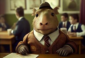 Portrait of an anthropomorphic capybara dressed as a schoolboy in a classroom. . photo