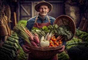 Farmer holds a basket of harvested vegetables against the background of a farm. Harvesting. . photo