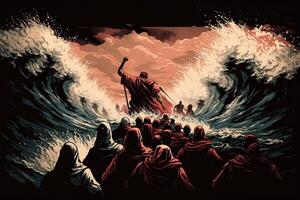 ilustración de el éxodo de el Biblia, Moisés cruce el rojo mar con el israelitas, escapar desde el egipcios ai generado foto