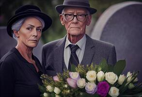 Senior man standing with attractive woman holding flowers on funeral. . photo