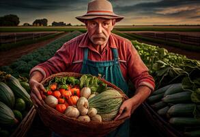 granjero sostiene un cesta de cosechado vegetales en contra el antecedentes de un granja. cosecha. ai generado. foto