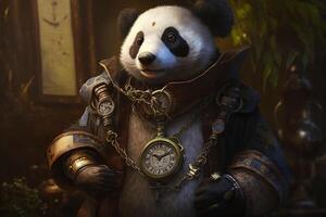 Panda with a steampunk watch lanyard around his neck, protecting a safe. photo