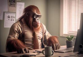 Portrait of an anthropomorphic orangutan as a developer in the office. . photo