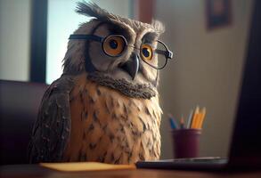 Portrait of an anthropomorphic owl as a developer in the office. . photo