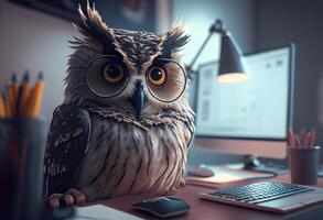 Portrait of an anthropomorphic owl as a developer in the office. . photo