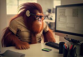 Portrait of an anthropomorphic orangutan as a developer in the office. . photo