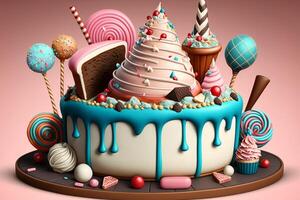 celebracion fiesta cumpleaños pastel con un montón de Formación de hielo y decoraciones ai generado foto