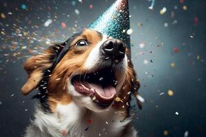 linda perro con un fiesta sombrero celebrando su cumpleaños, papel picado descendente. ai generado foto