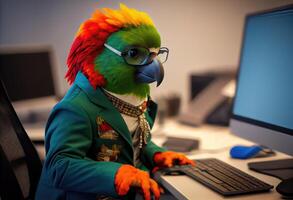 Portrait of an anthropomorphic parrot as a developer in the office. . photo