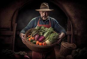 granjero sostiene un cesta de cosechado vegetales en contra el antecedentes de un granja. cosecha. ai generado. foto