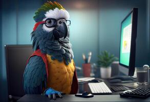 Portrait of an anthropomorphic parrot as a developer in the office. . photo