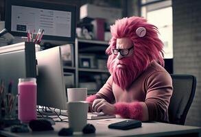 Portrait of an anthropomorphic pink lion as a developer in the office. . photo