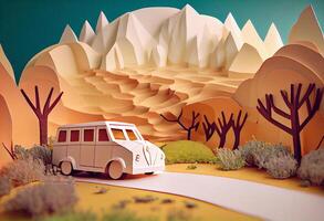 Paper art , Car on a road , one day trip in the summer , Escape from the city with goes on holiday weekend. photo