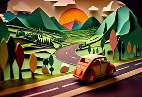 Paper art , Car on a road , one day trip in the summer , Escape from the city with goes on holiday weekend. photo