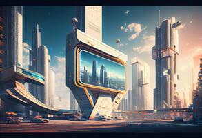 Futuristic city with billboards . . photo