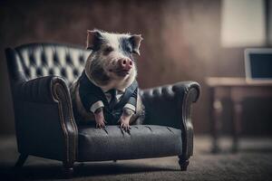 cerdo vistiendo un de buen tono traje sentado en el ejecutivo silla. ai generado foto